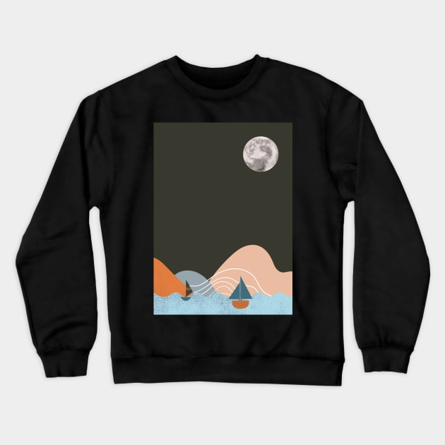 Moon Artwork With mountains. Boho art of moon at night and terracotta mountains. Crewneck Sweatshirt by waltzart